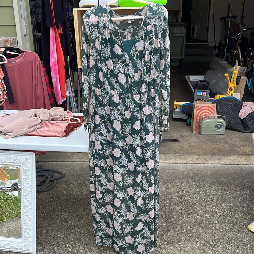 A New Day Dress Large Green Floral Print Maxi Flowy
